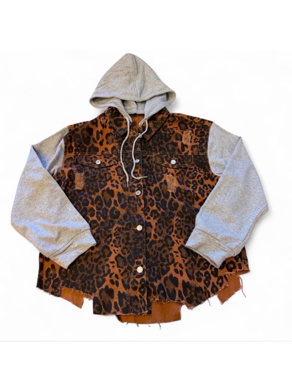 Leopard Print Hoodie Shacket Jacket Women’s XL Boho Baddie Moto Grunge Brown